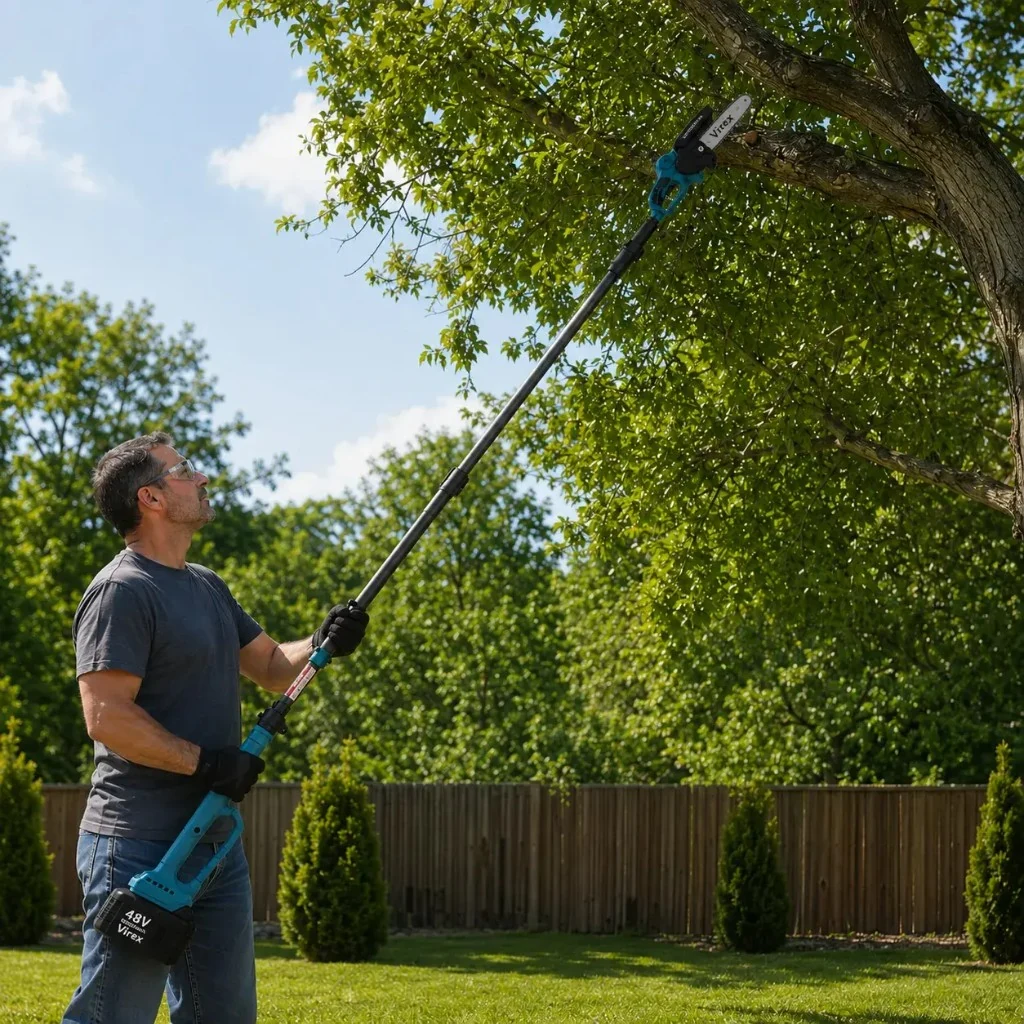 Virex 48V cordless telescopic pole saw in use